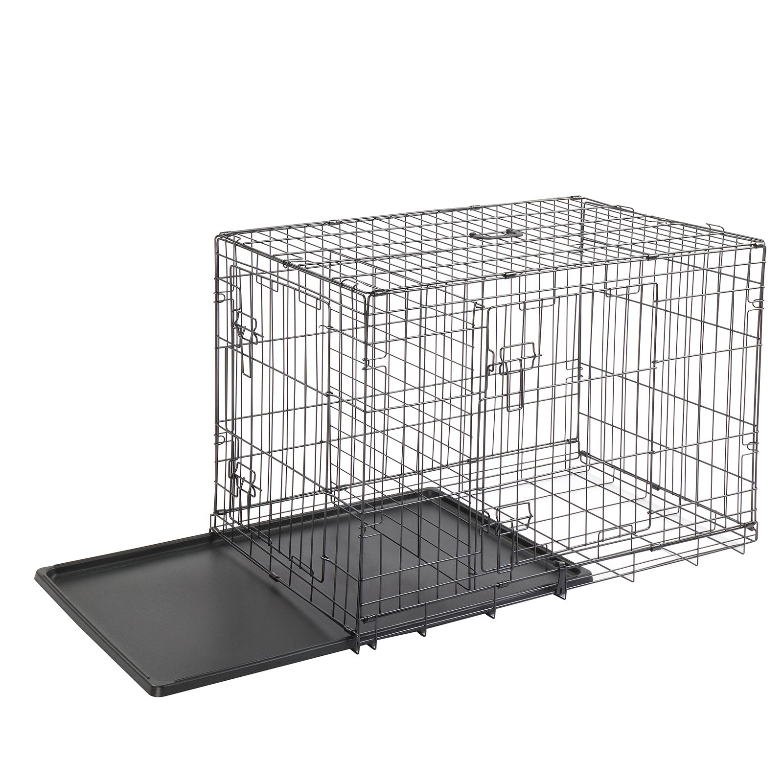 Metal Wire Foldable Dog Crate With Divider Plastic Tray - 42 Inches - Black
