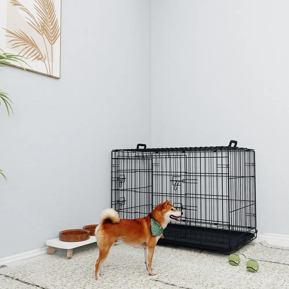 36 Inches Black Wire Dog Crate Double Lock Mechanism Two Doors Two Handles