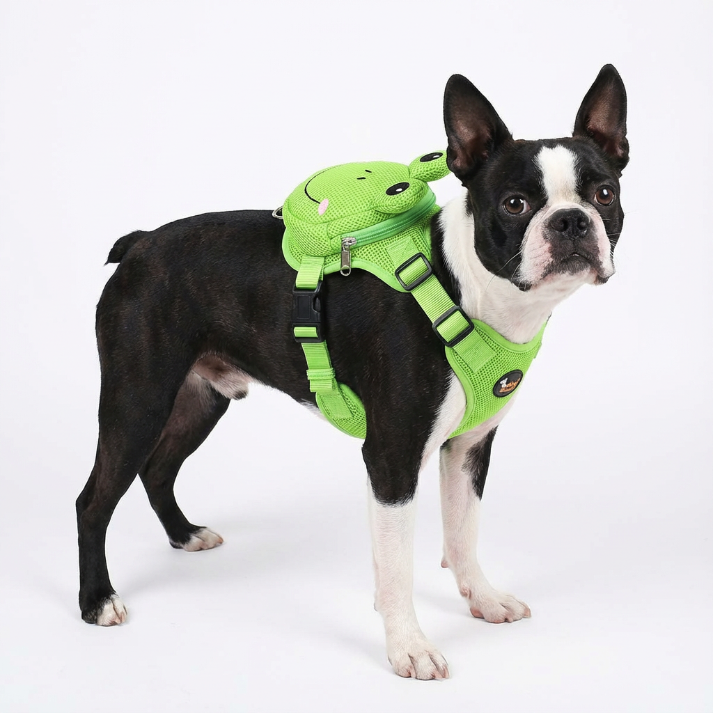 Dog wearing a green backpack with a frog design