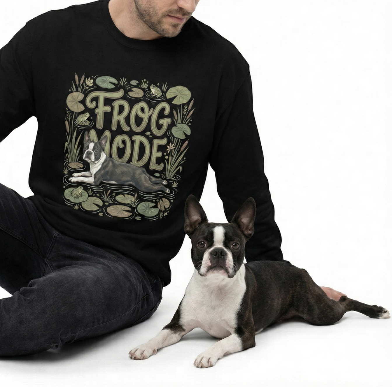 Frog Mode Boston Terrier Dog Frog Legs Garment-Dyed Heavyweight Long-Sleeve Shirt .