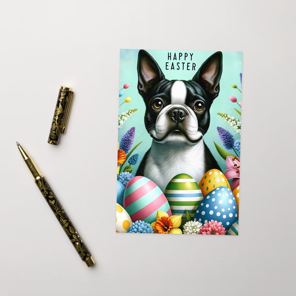 Happy Easter Boston Terrier Greeting Card - Pastel Blue