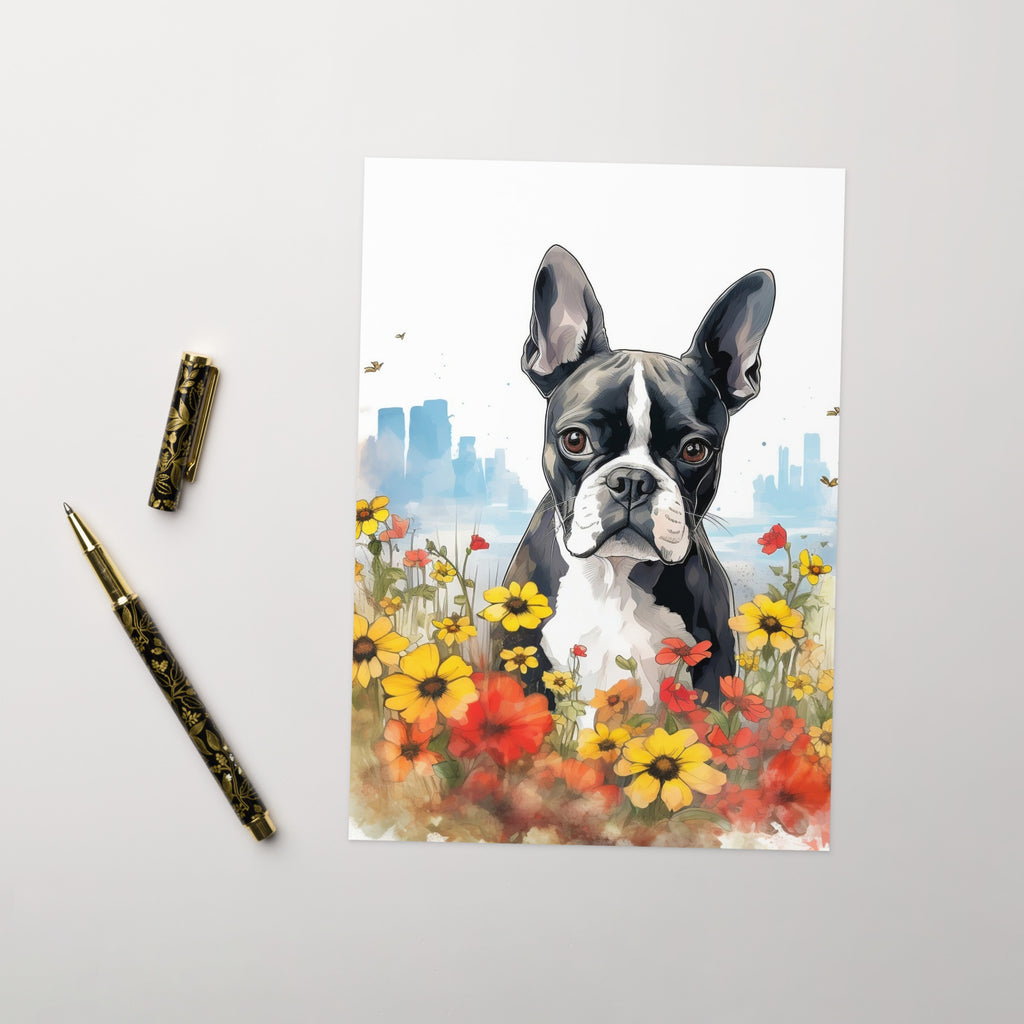 Boston Terrier In A Garden Outside The City Greeting Card
