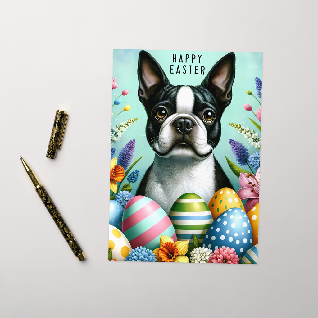 Happy Easter Boston Terrier Greeting Card - Pastel Blue