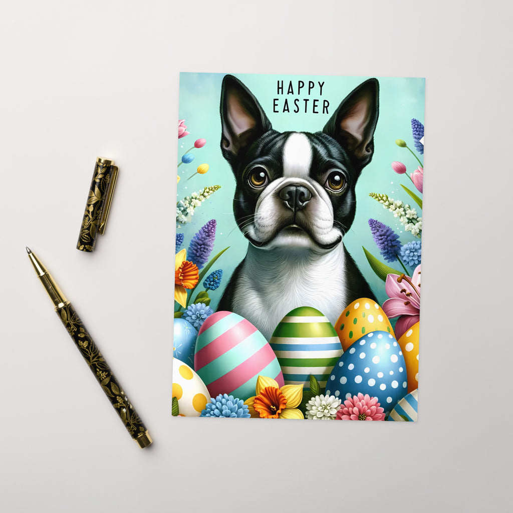 Happy Easter Boston Terrier Greeting Card - Pastel Blue