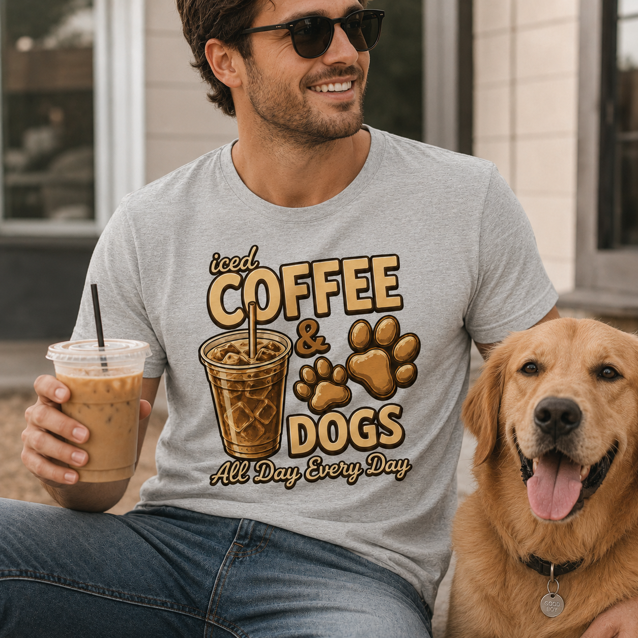 Iced Coffee & Dogs All Day Every Day Unisex T-Shirt - Funny Dog Lover Tee .