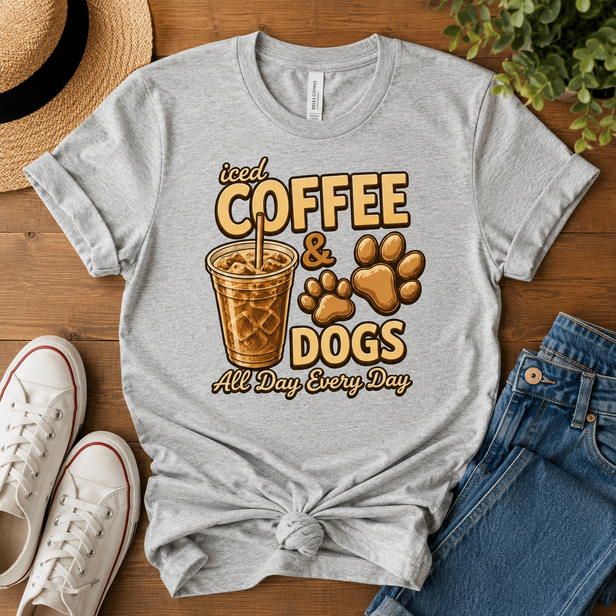 Iced Coffee & Dogs All Day Every Day Unisex T-Shirt - Funny Dog Lover Tee .