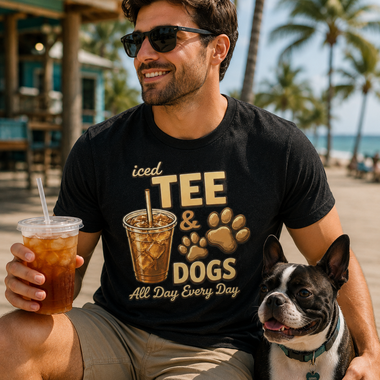 Iced Tea & Dogs All Day Every Day Unisex T-Shirt - Funny Dog Lover Tee .