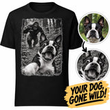 Boston Terrier Bigfoot Chase – Funny Sasquatch Dog Graphic Unisex T-Shirt .