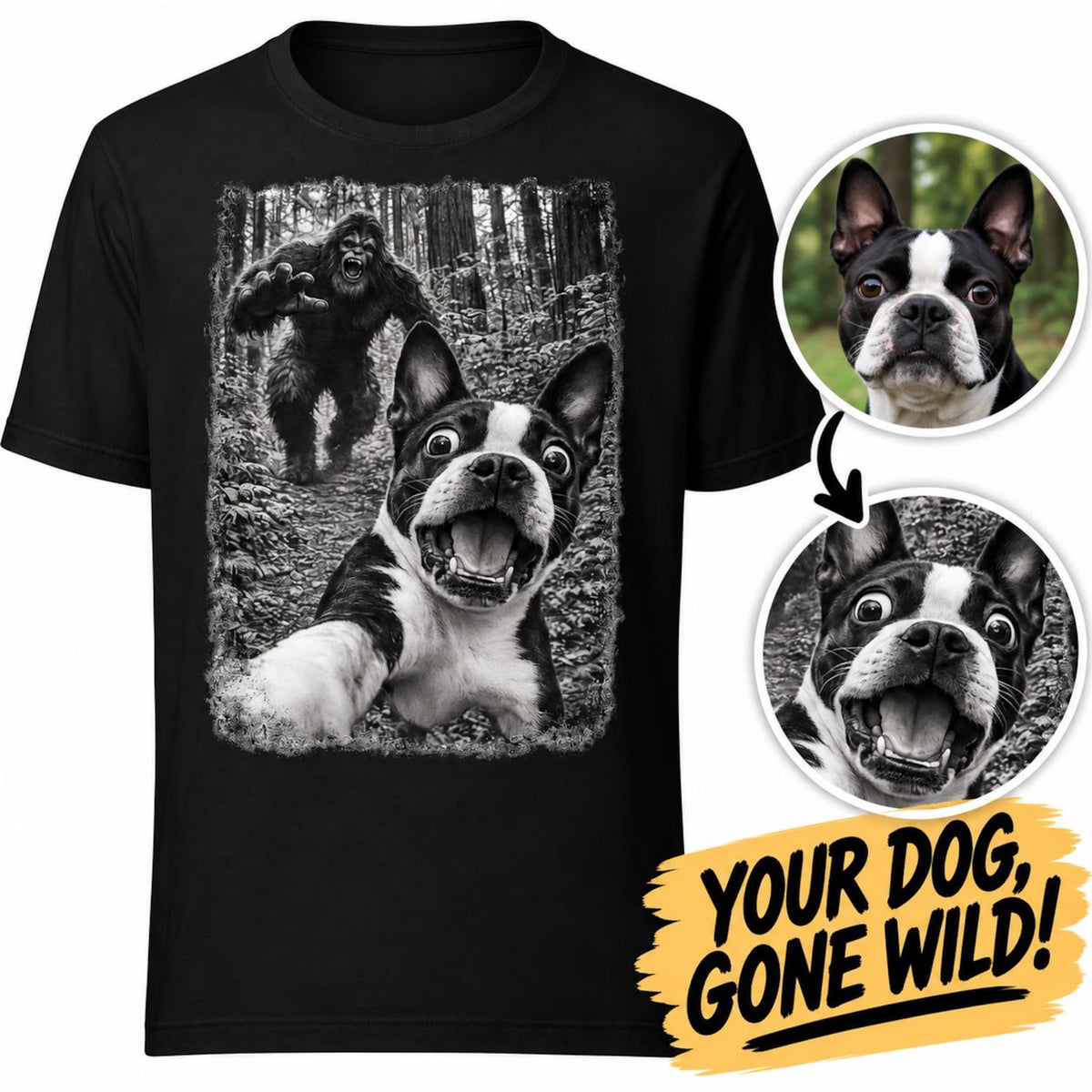 Boston Terrier Bigfoot Chase – Funny Sasquatch Dog Graphic Unisex T-Shirt .