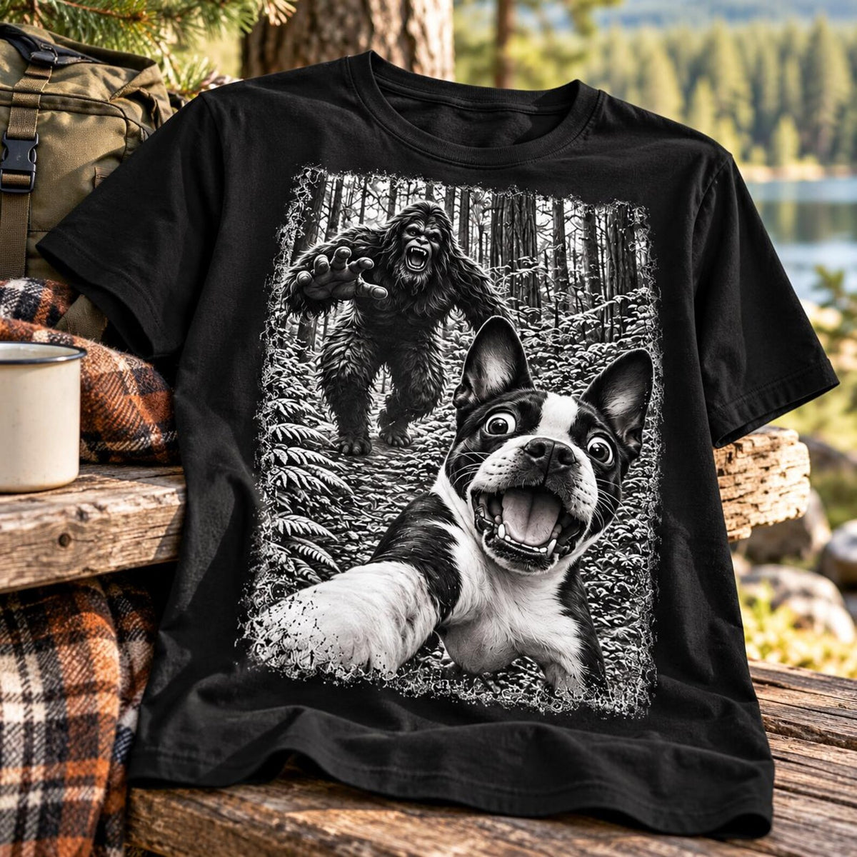 Boston Terrier Bigfoot Chase – Funny Sasquatch Dog Graphic Unisex T-Shirt .