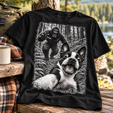 Boston Terrier Bigfoot Chase – Funny Sasquatch Dog Graphic Unisex T-Shirt .