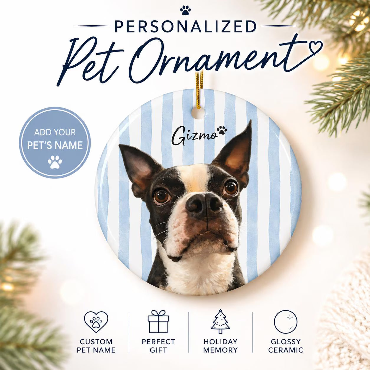 Custom Striped Dog Portrait Ceramic Ornament - Watercolor Art Using Photo(s) And Name(s) .