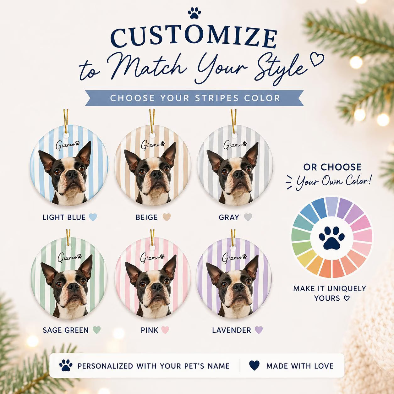 Custom Striped Dog Portrait Ceramic Ornament - Watercolor Art Using Photo(s) And Name(s) .