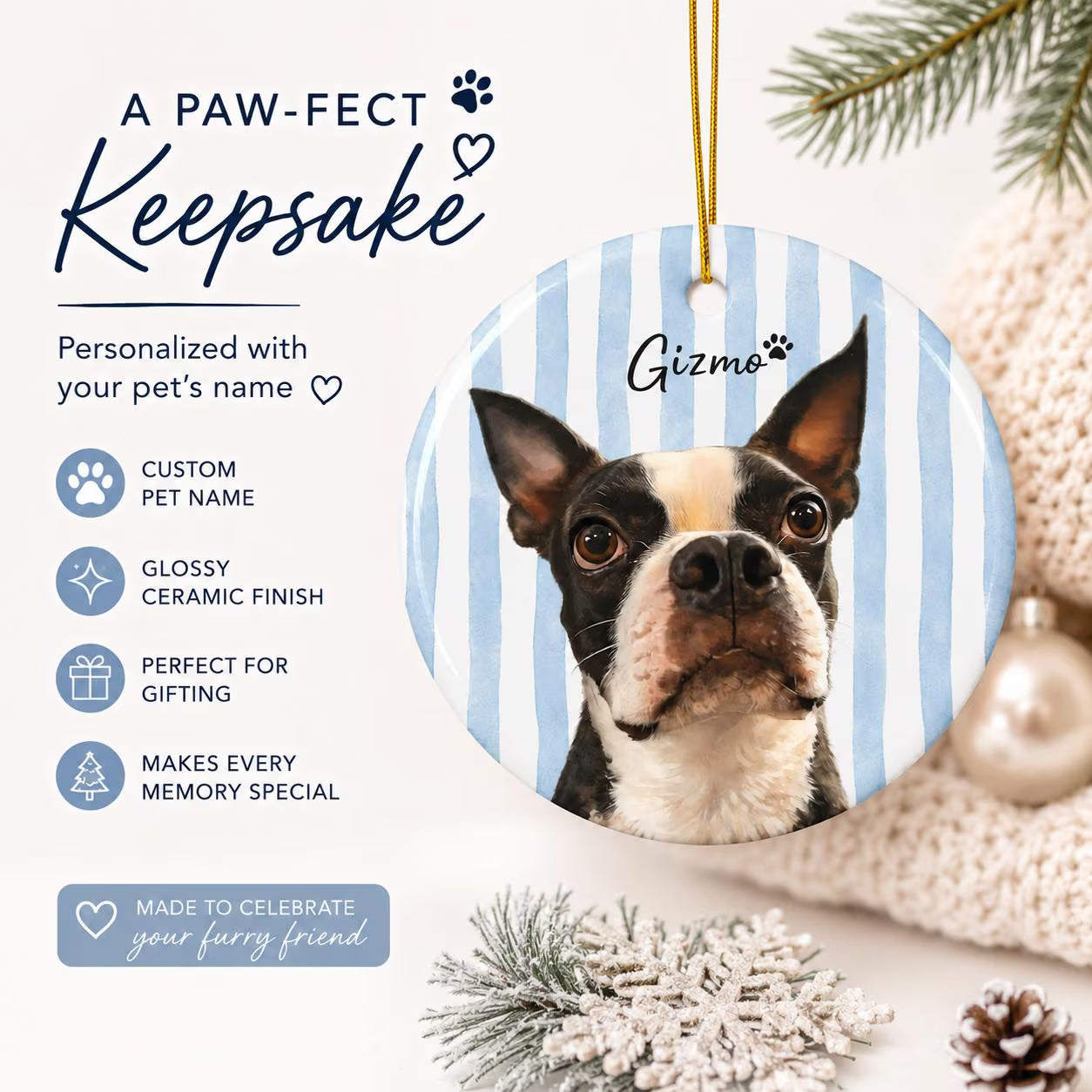Custom Striped Dog Portrait Ceramic Ornament - Watercolor Art Using Photo(s) And Name(s) .