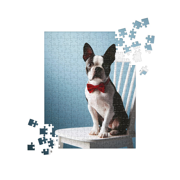 Dapper Boston Terrier in Red Bow Tie Seated on White Chair Jigsaw Puzzle