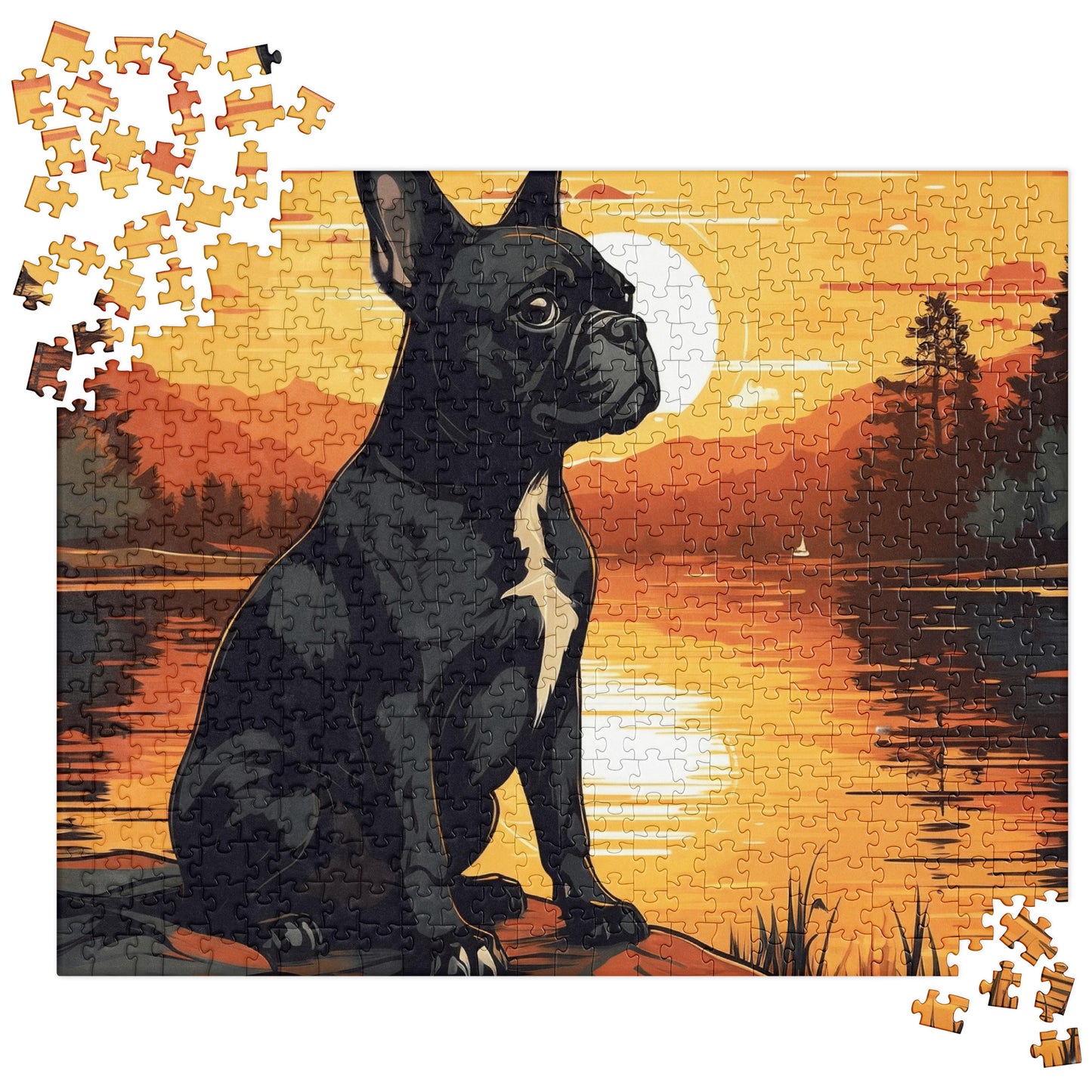 Boston Terrier Sitting By A Calm Lake Jigsaw puzzle