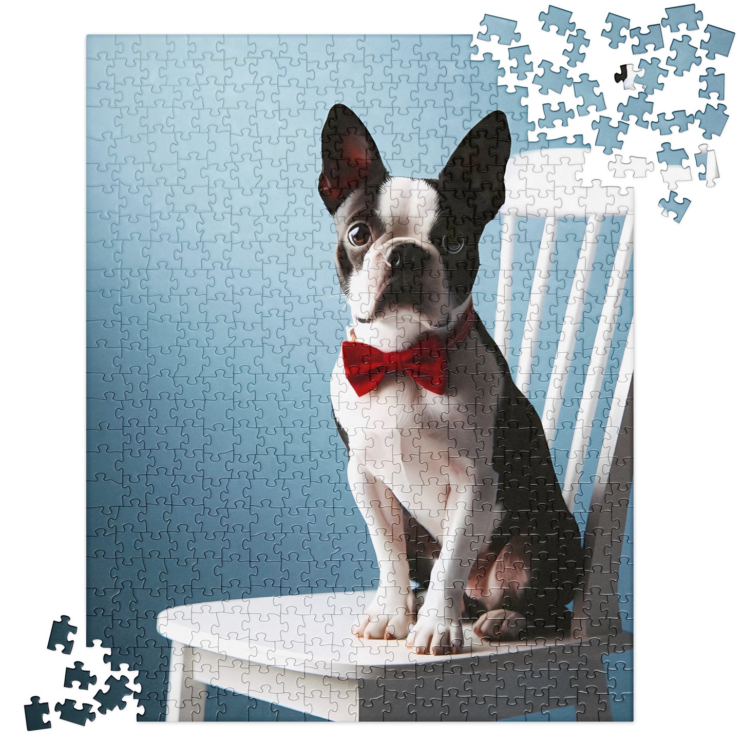 Dapper Boston Terrier in Red Bow Tie Seated on White Chair Jigsaw Puzzle