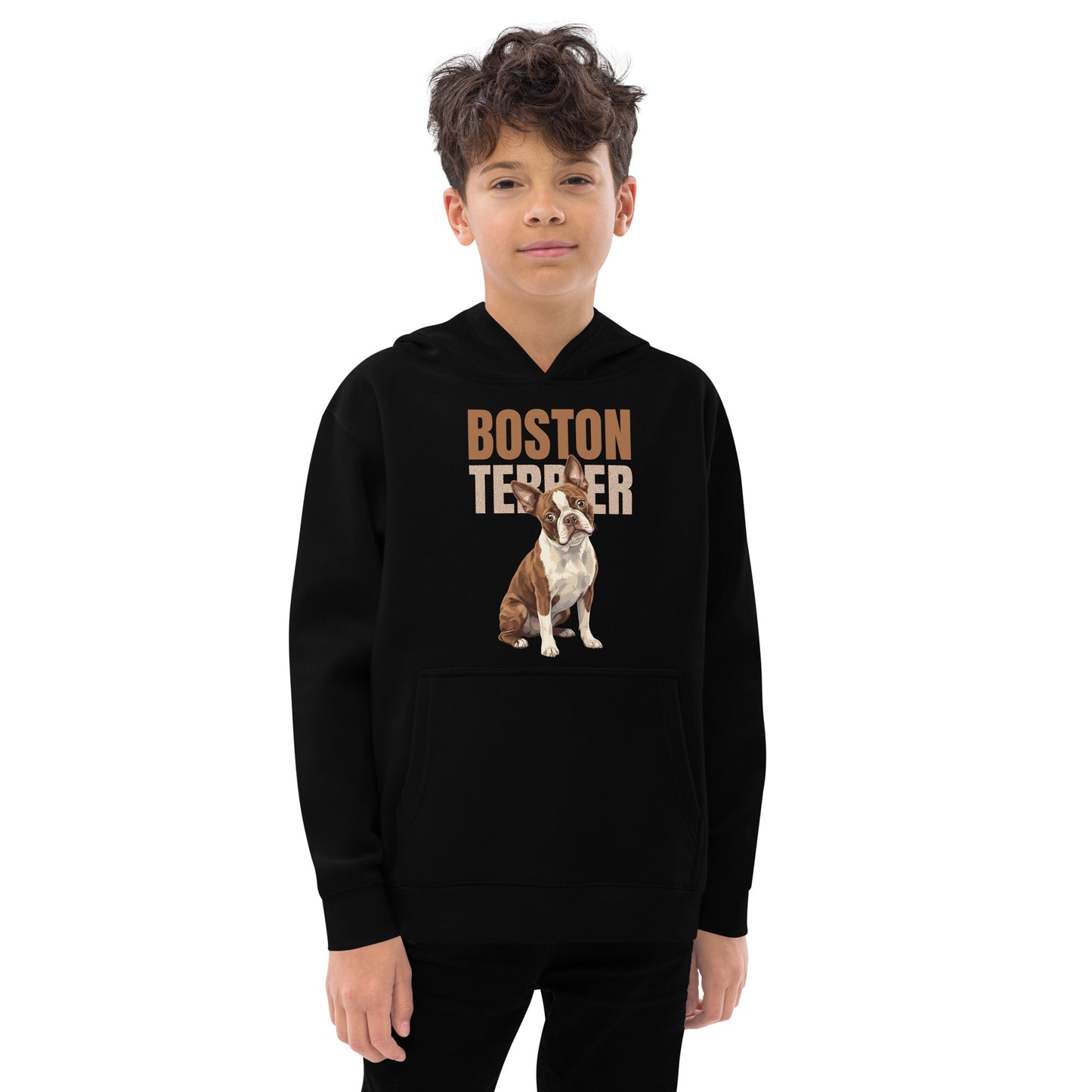 Brown Boston Terrier Dog Kids Fleece Hoodie .