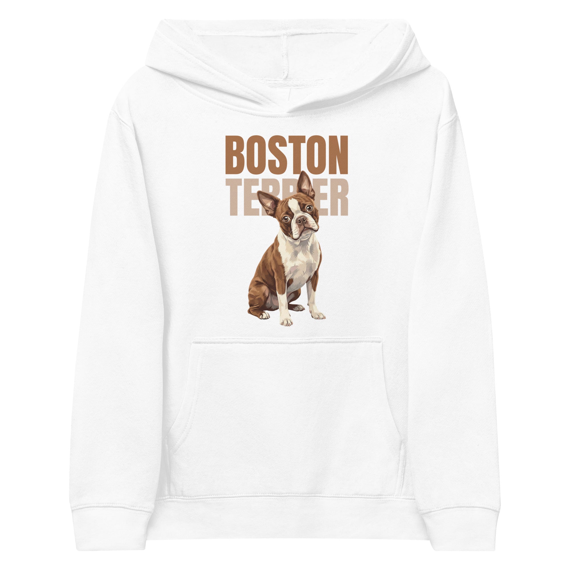 Brown Boston Terrier Dog Kids Fleece Hoodie . White