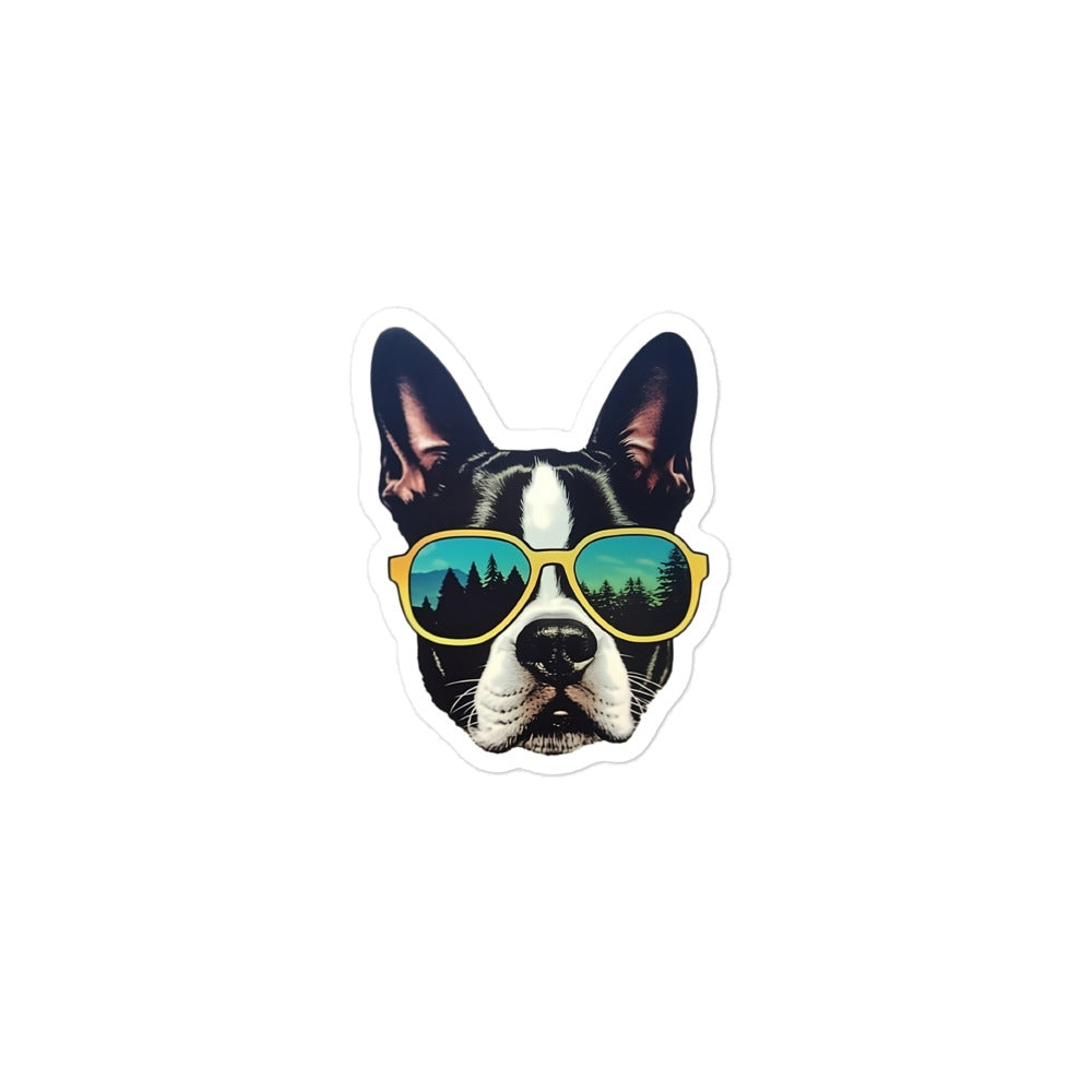 Boston Terrier Dog With Sunglasses In The Forest Sticker