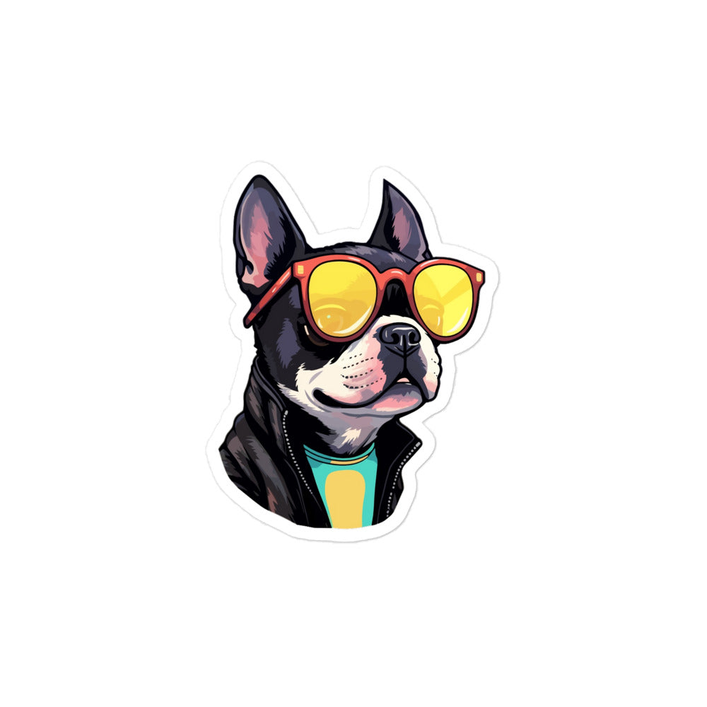 Edgy Boston Terrier Dog Wearing Leather Jacket And Glasses Sticker