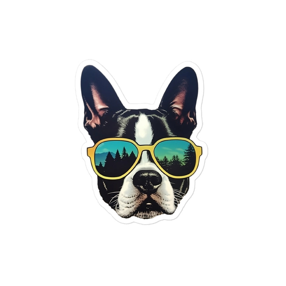 Boston Terrier Dog With Sunglasses In The Forest Sticker