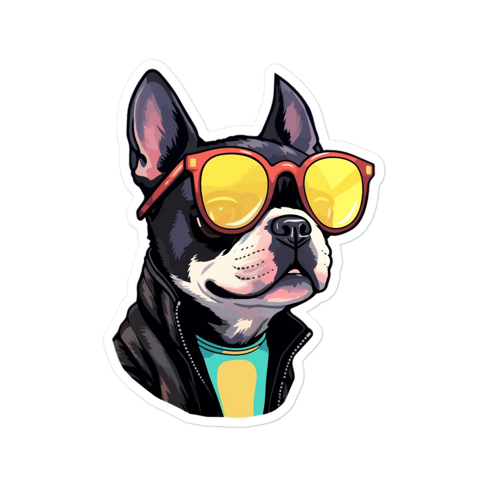 Edgy Boston Terrier Dog Wearing Leather Jacket And Glasses Sticker