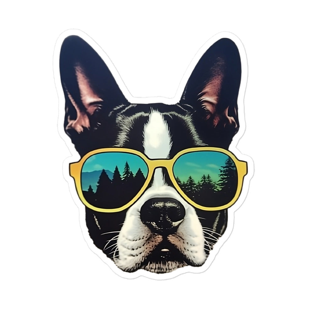 Boston Terrier Dog With Sunglasses In The Forest Sticker
