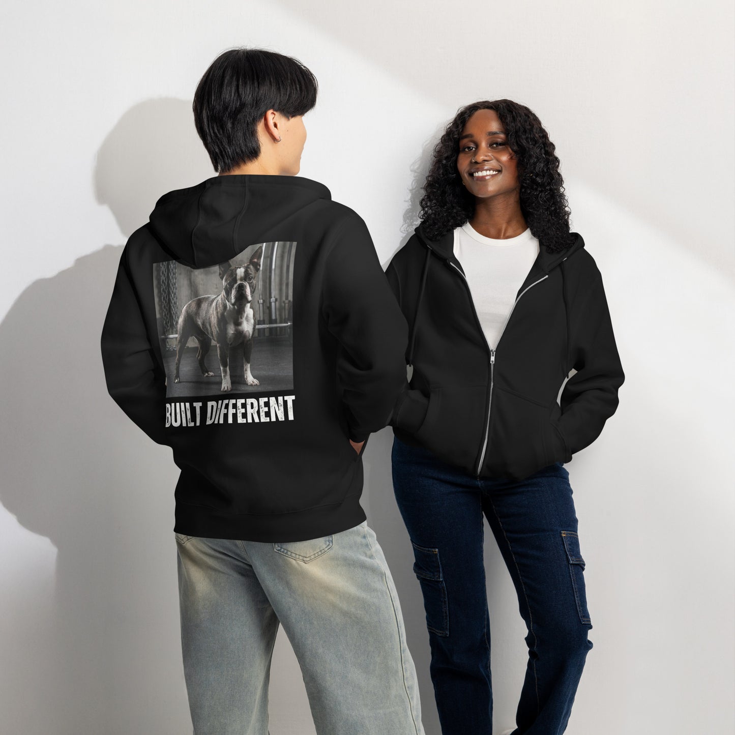 Built Different Strong Boston Terrier Dog Gym Workout Premium Full Zip Hoodie .