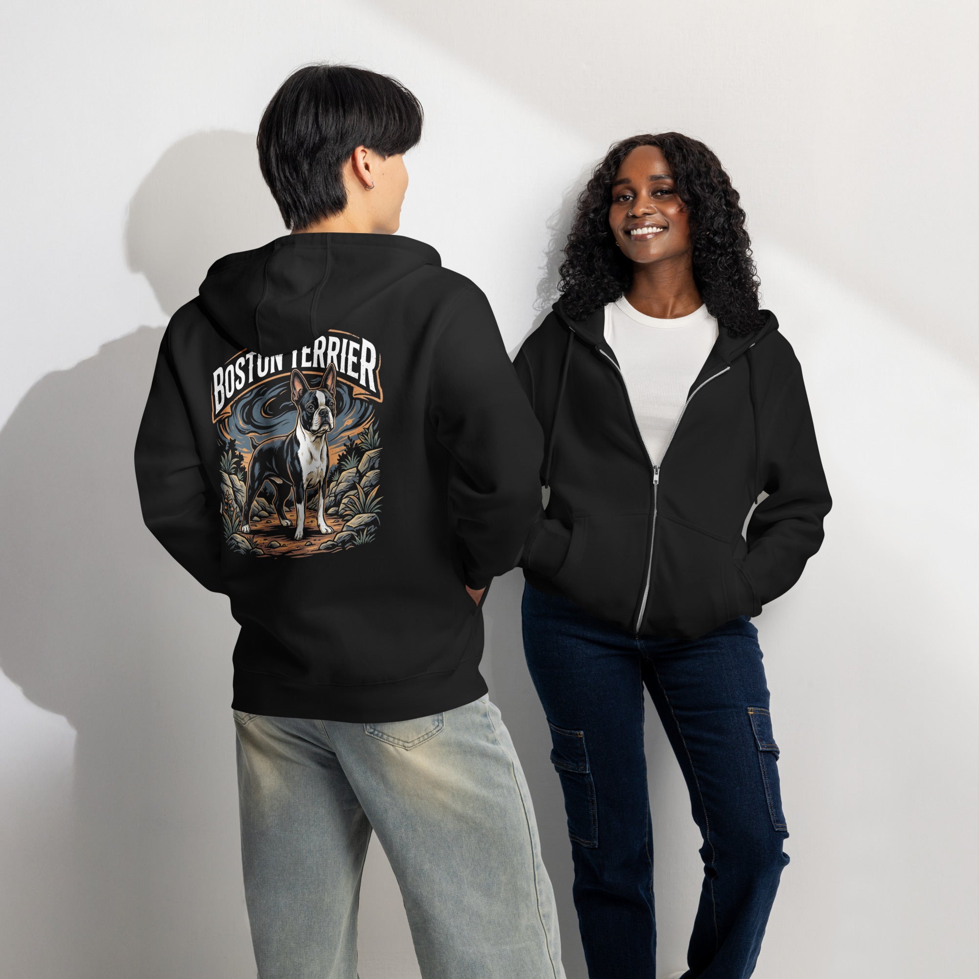 Boston Terrier Wilderness Guardian Premium Full Zip Hoodie .