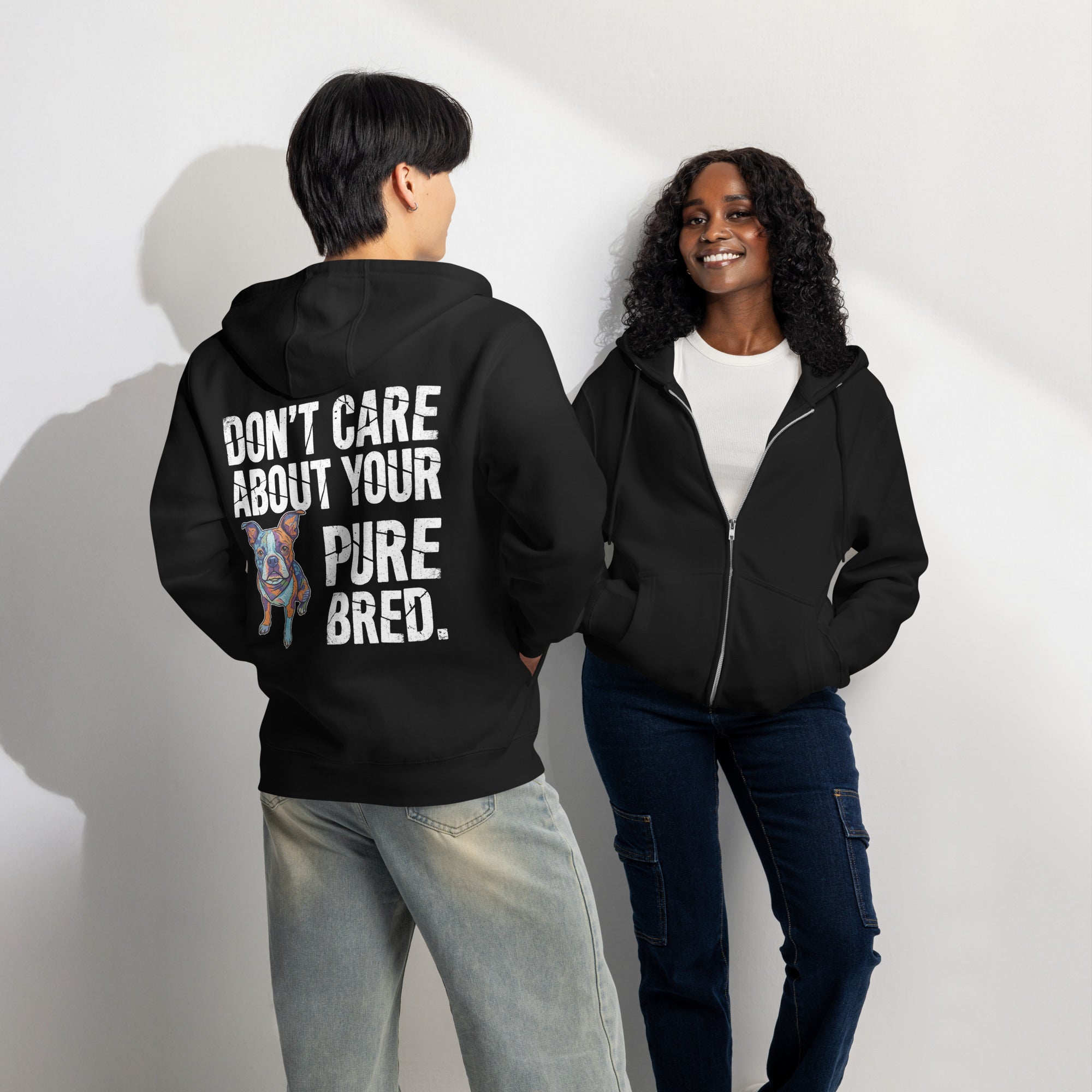 Colored Boston Terrier Dog - Don't Care About Your Pure Bred Premium Full Zip Hoodie .