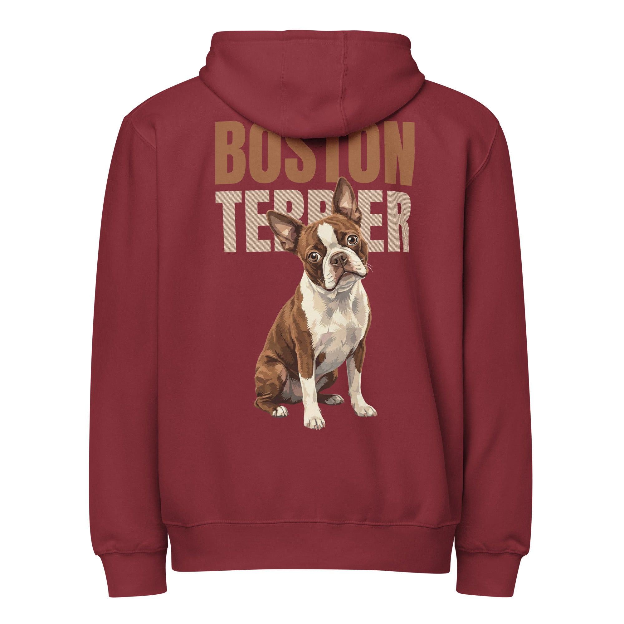 Brown Boston Terrier Dog Premium Full Zip Hoodie . Burgundy