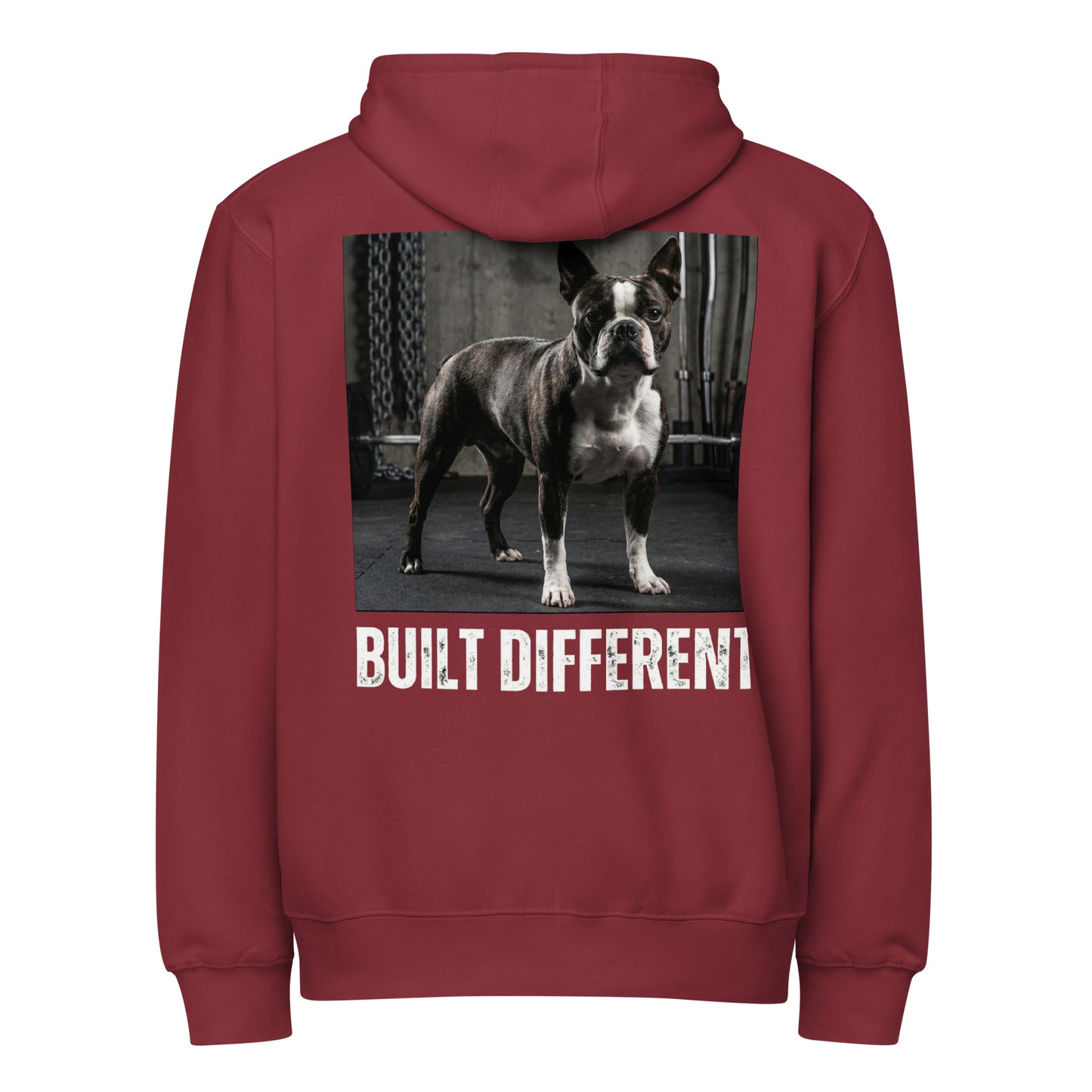 Built Different Strong Boston Terrier Dog Gym Workout Premium Full Zip Hoodie . Burgundy
