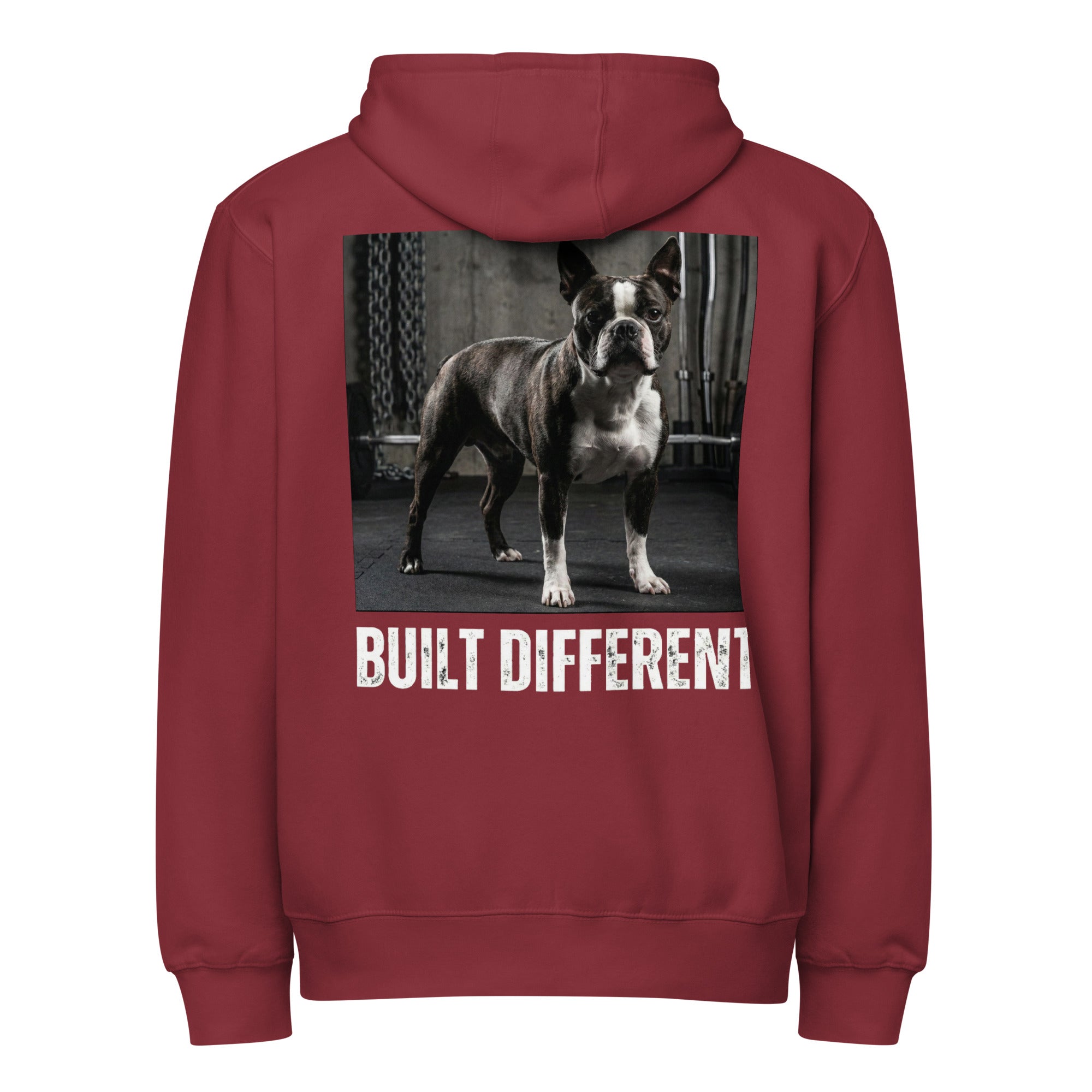Built Different Strong Boston Terrier Dog Gym Workout Premium Full Zip Hoodie . Burgundy
