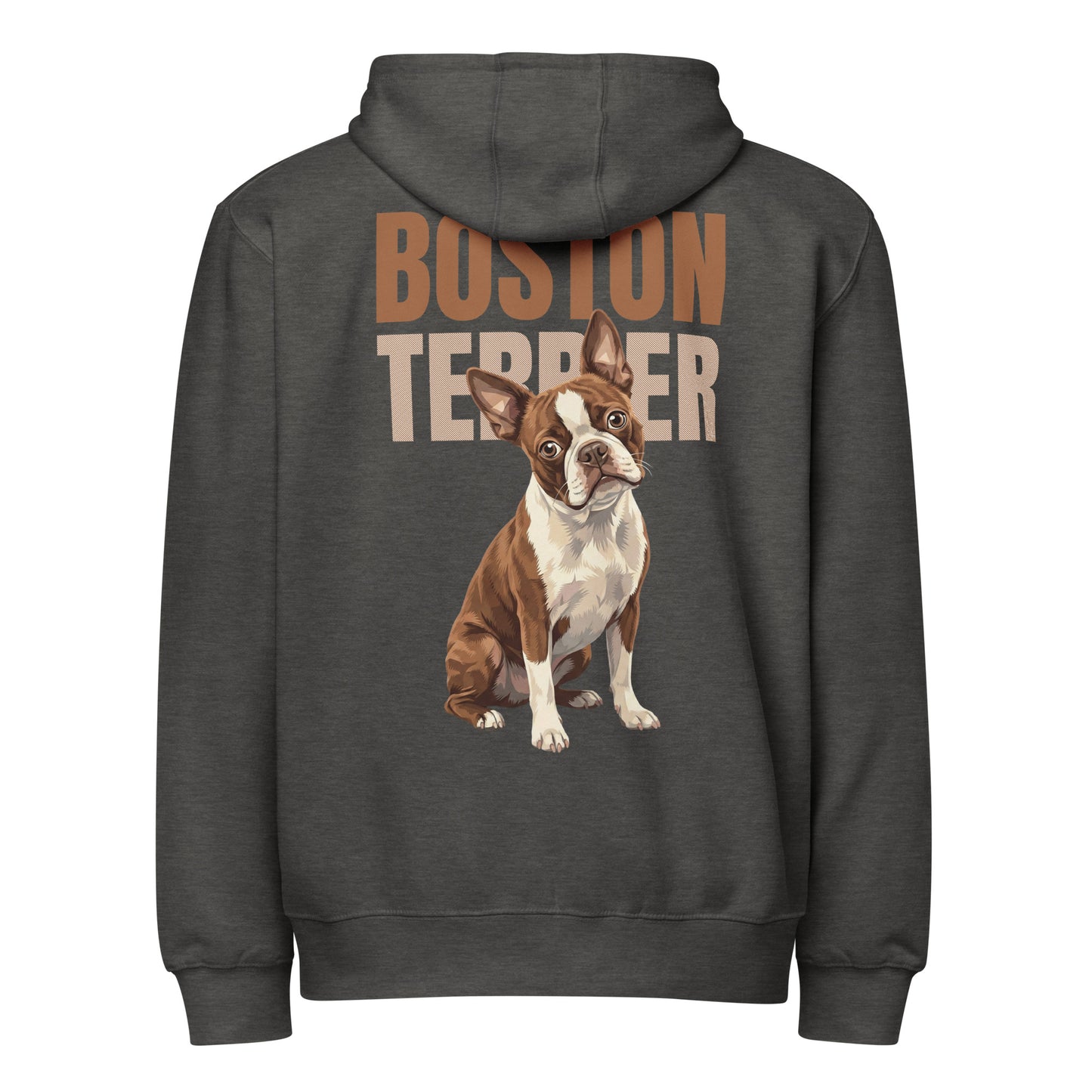 Brown Boston Terrier Dog Premium Full Zip Hoodie . Charcoal Heather