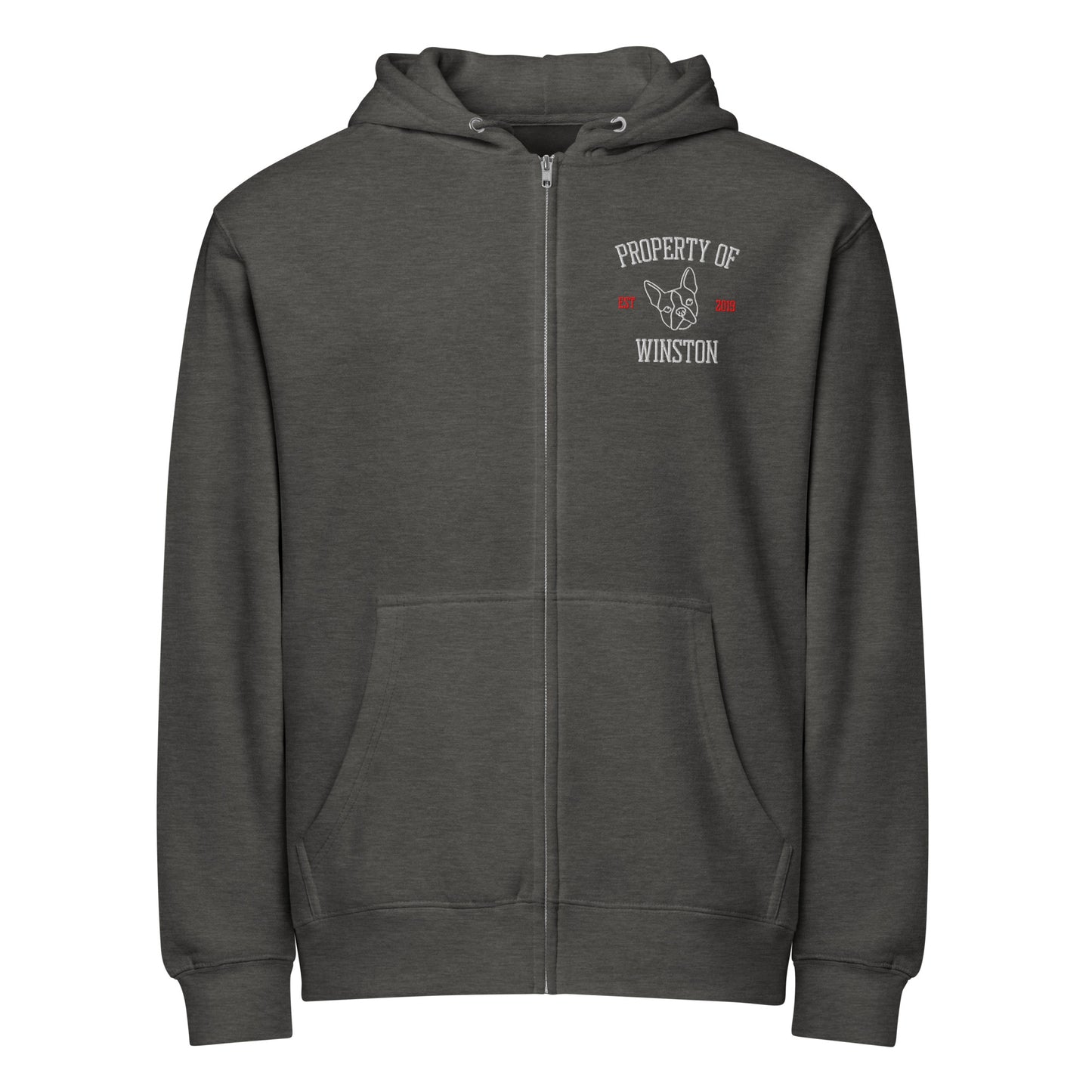 Property Of My Dog Custom Embroidered Premium Full Zip Hoodie . Charcoal Heather