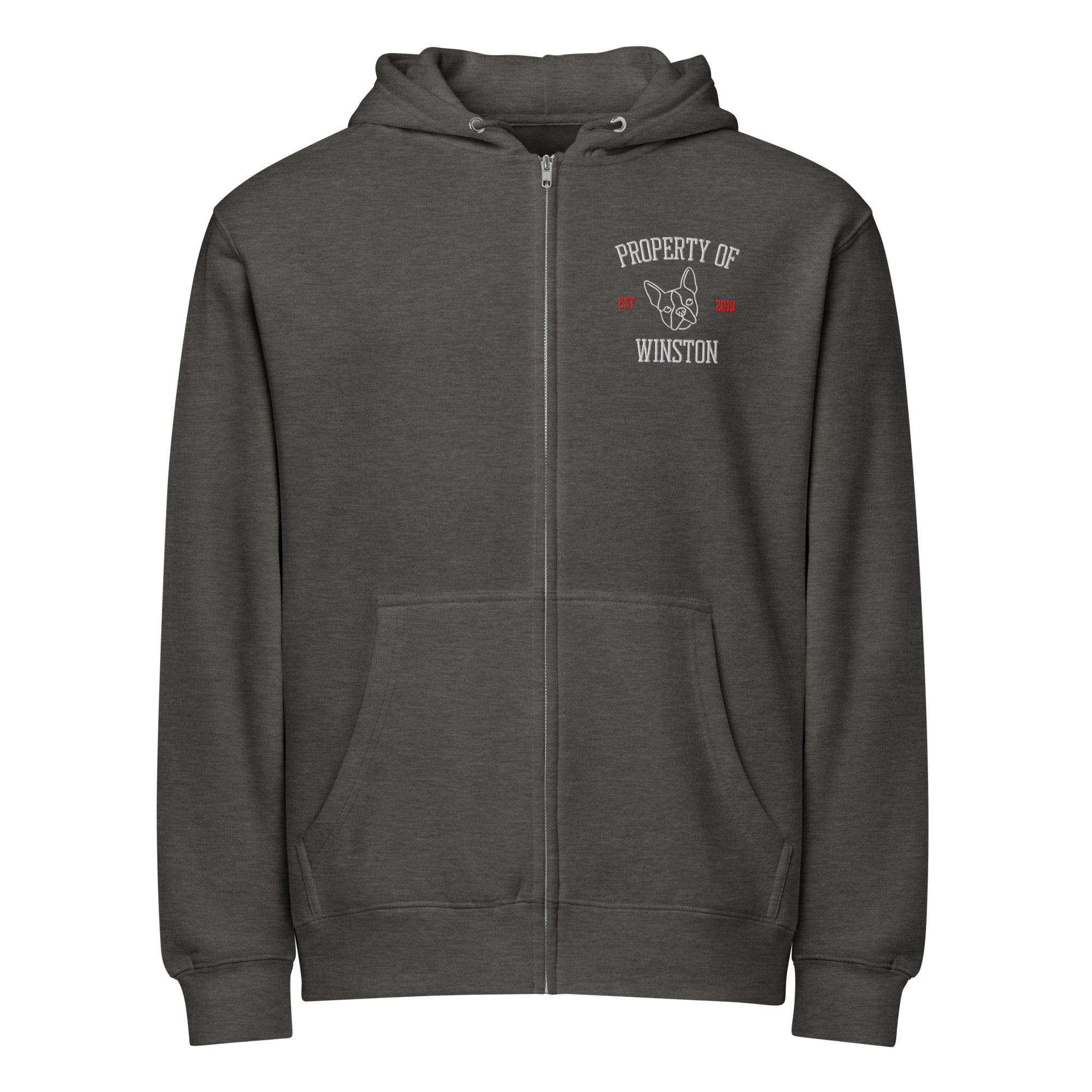 Property Of My Dog Custom Embroidered Premium Full Zip Hoodie . Charcoal Heather