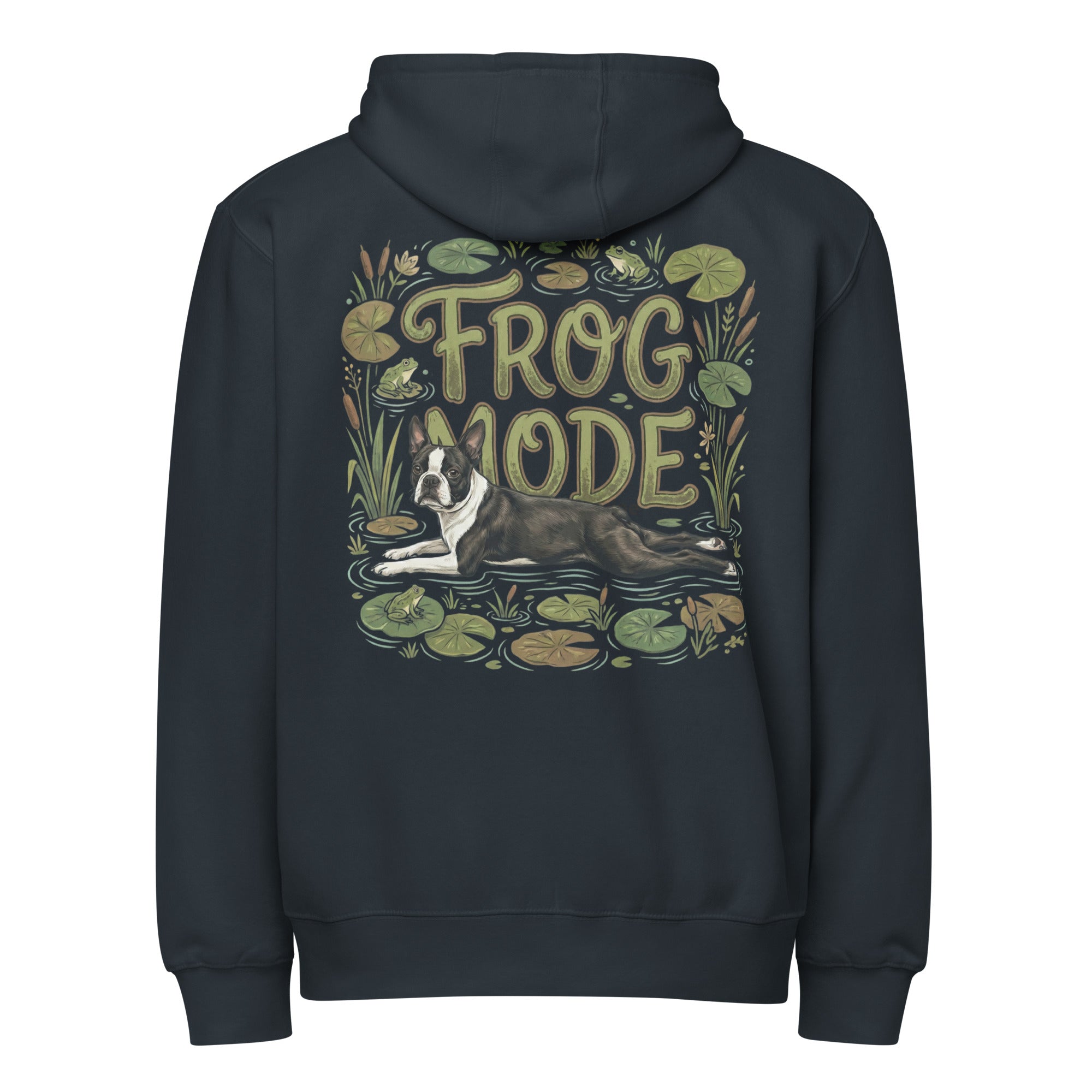 Frog Mode Boston Terrier Dog Frog Legs Premium Full Zip Hoodie . Navy