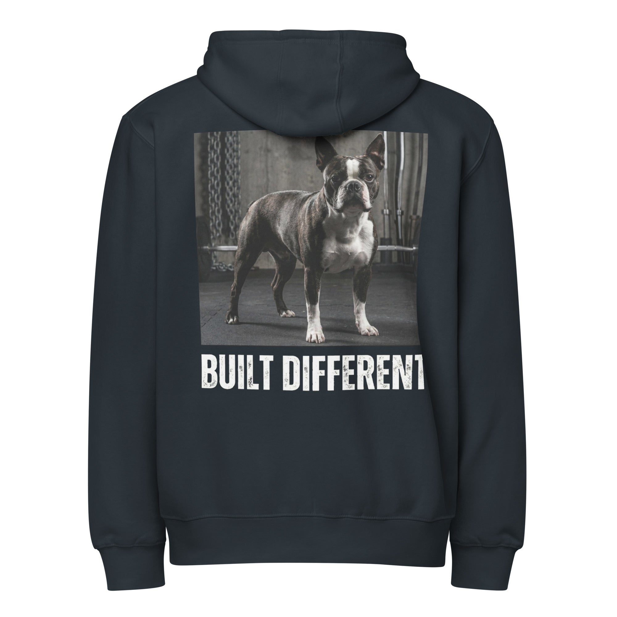 Built Different Strong Boston Terrier Dog Gym Workout Premium Full Zip Hoodie . Navy