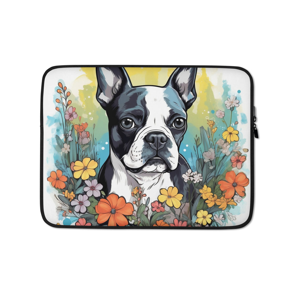 Boston Terrier Surrounded By Flowers Laptop Sleeve
