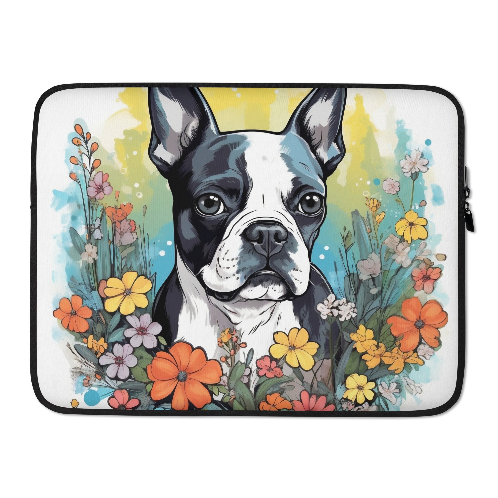 Boston Terrier Surrounded By Flowers Laptop or Tablet Sleeve