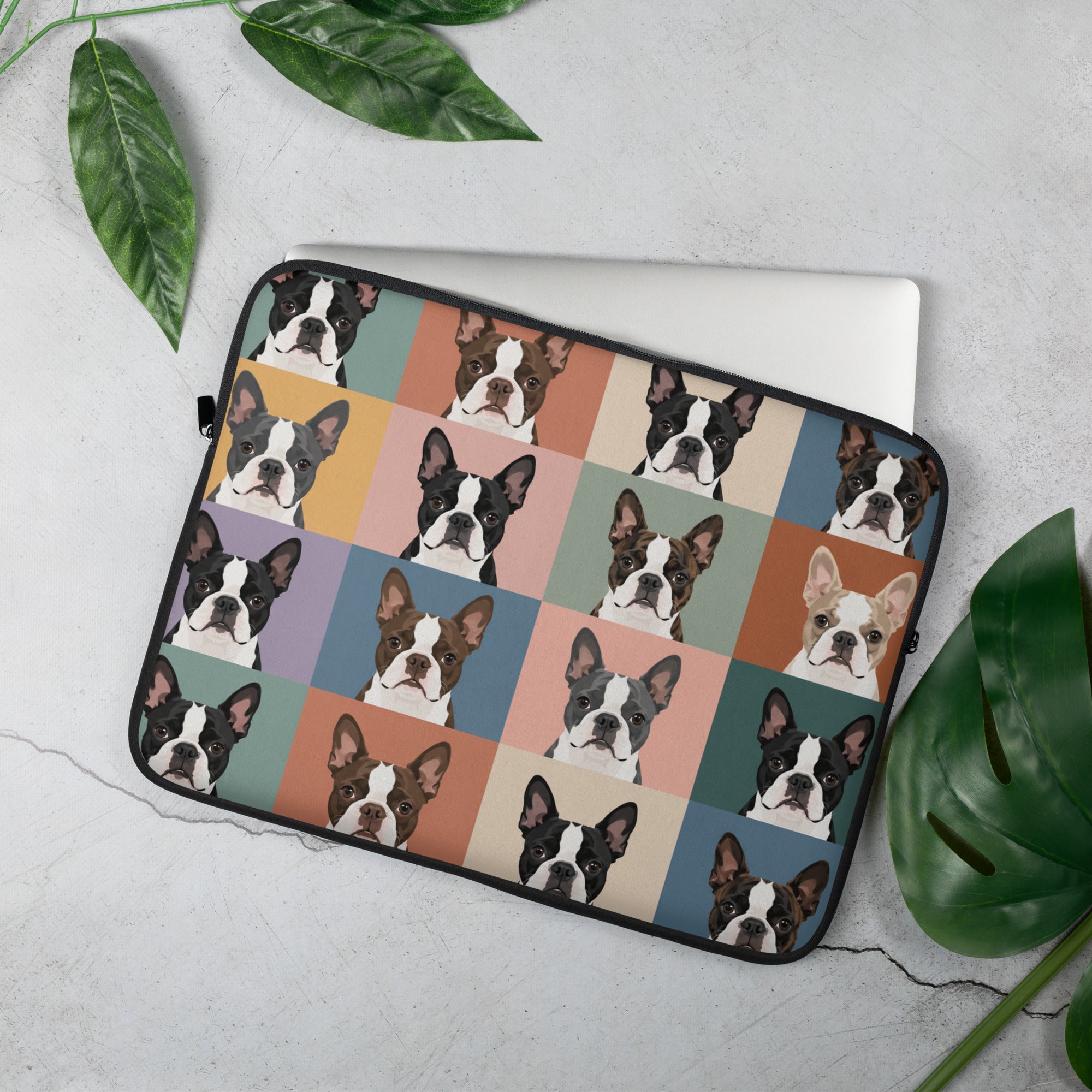 Pop Art Style Colored Boston Terriers Modern Tiles Pattern Laptop Sleeve .