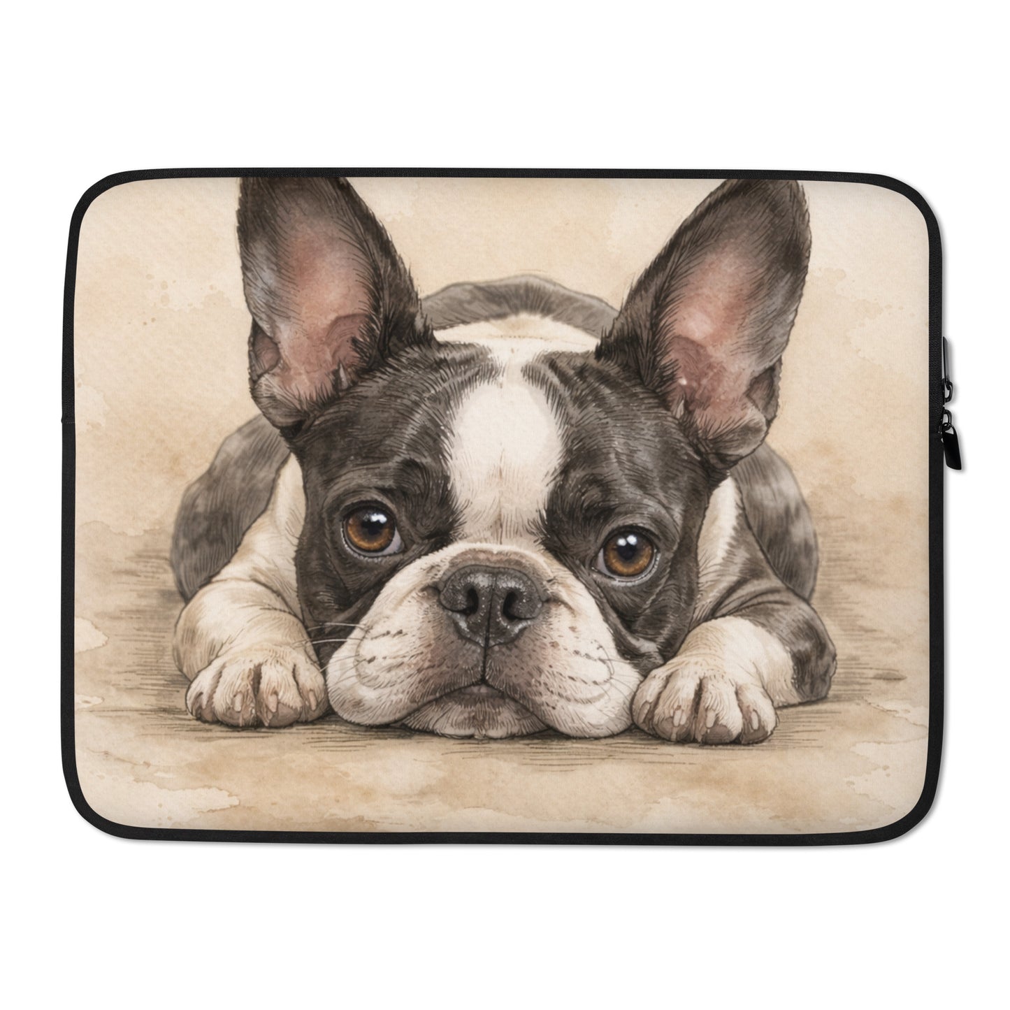Watercolor Boston Terrier Dog Beige Laptop Sleeve . 15″