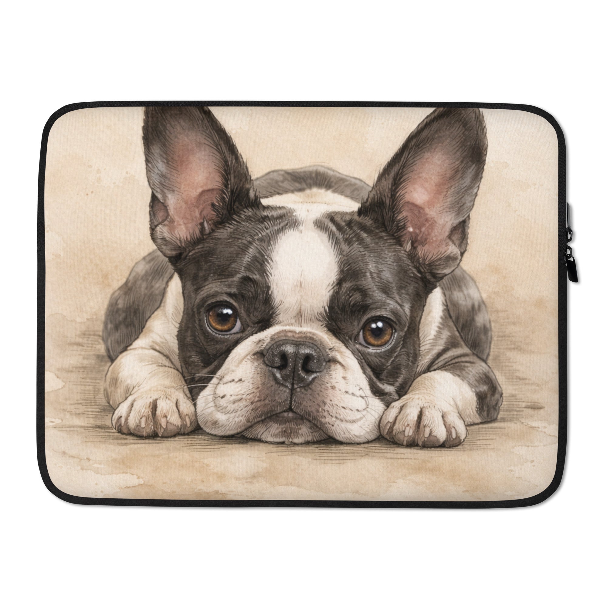 Watercolor Boston Terrier Dog Beige Laptop Sleeve . 15″