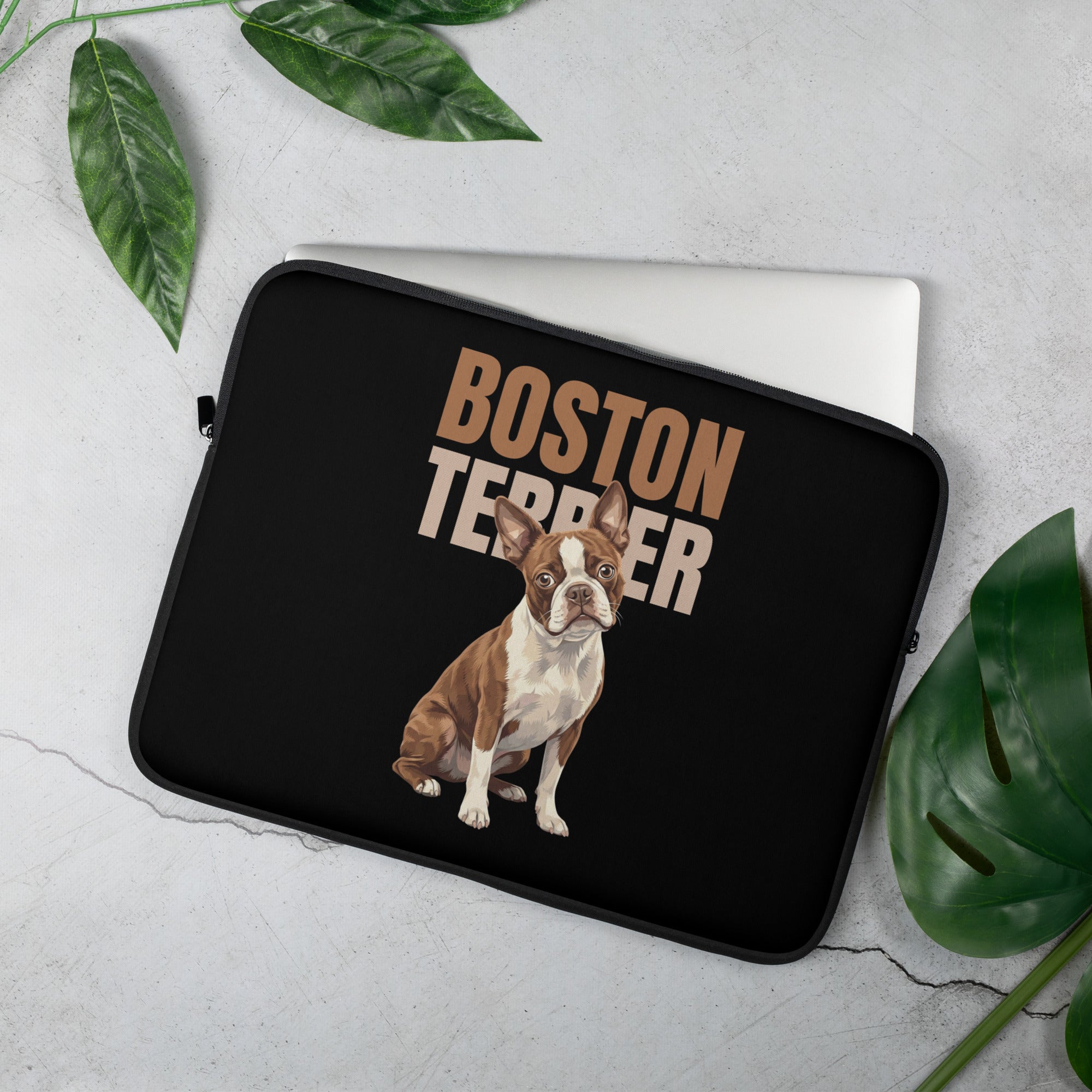 Brown Red Boston Terrier Dog Laptop Sleeve .