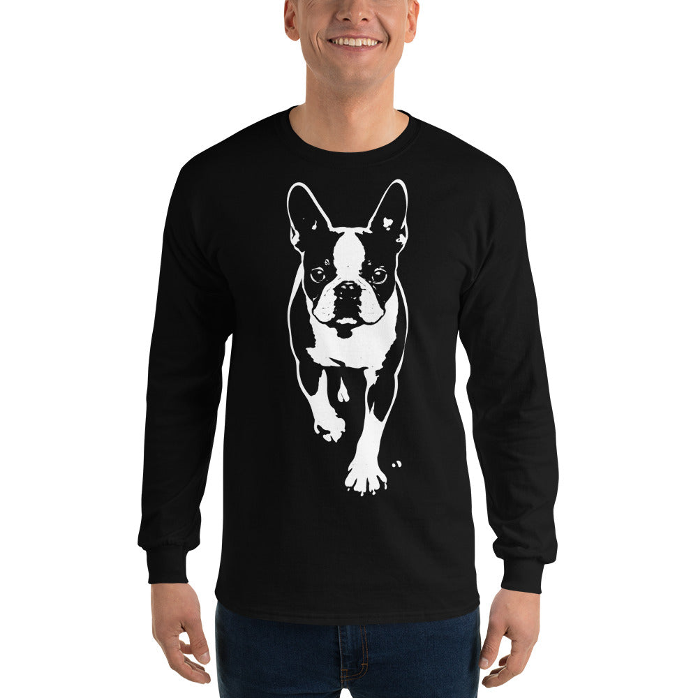 Boston Terrier Stencil Graphic – Minimalist Dog Lover Unisex Long Sleeve Shirt .