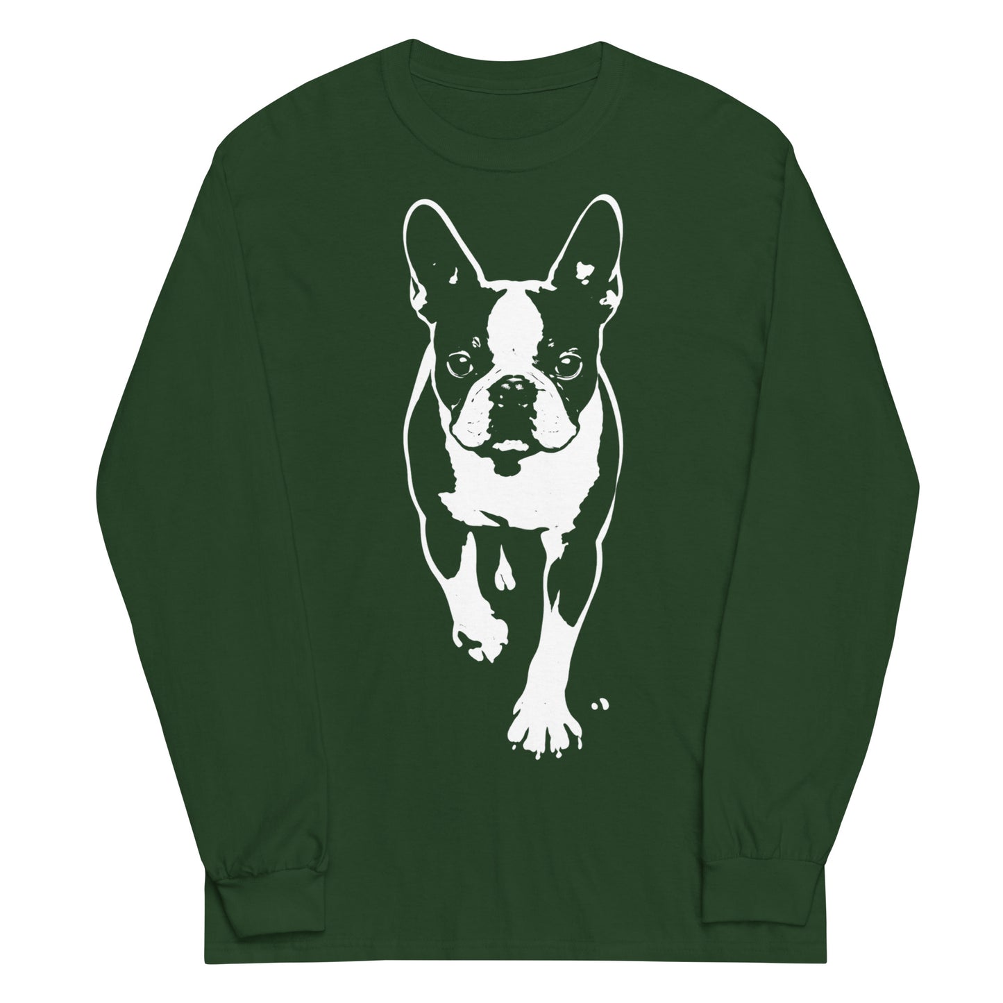 Boston Terrier Stencil Graphic – Minimalist Dog Lover Unisex Long Sleeve Shirt . Forest Green