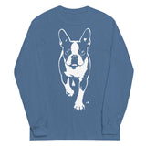 Boston Terrier Stencil Graphic – Minimalist Dog Lover Unisex Long Sleeve Shirt . Indigo Blue