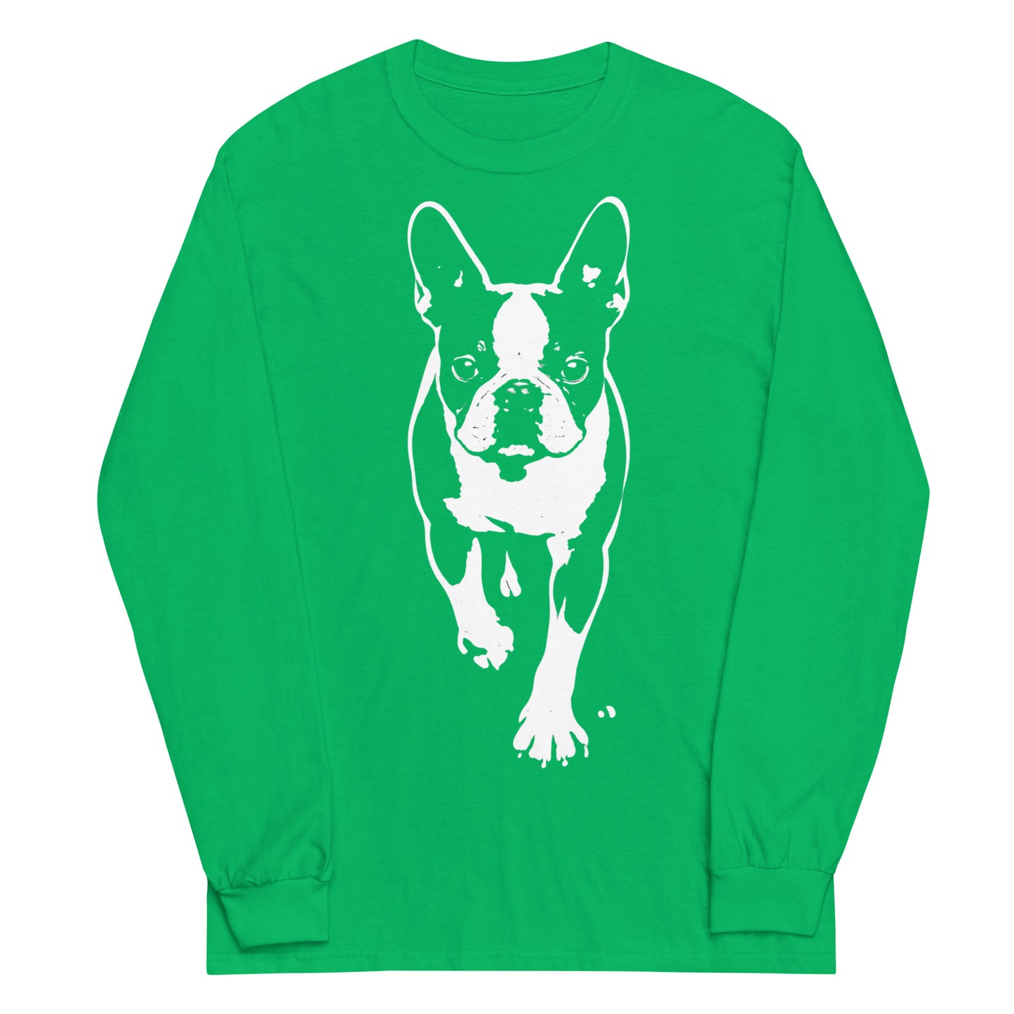 Boston Terrier Stencil Graphic – Minimalist Dog Lover Unisex Long Sleeve Shirt . Irish Green