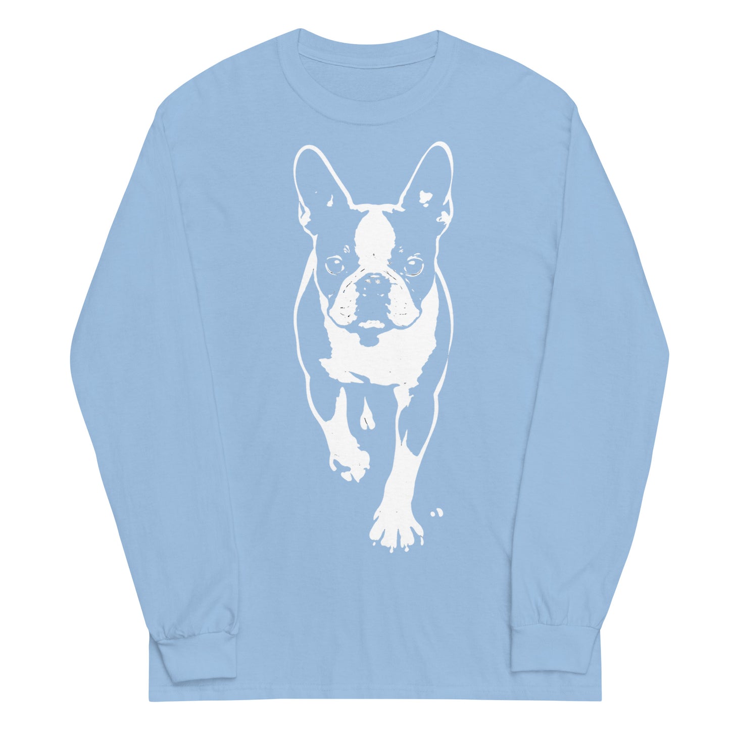 Boston Terrier Stencil Graphic – Minimalist Dog Lover Unisex Long Sleeve Shirt . Light Blue